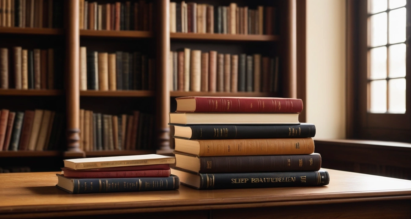 수면 - 불규칙한 기상 시간이 생체 시계인 일주기 리듬에 주는 타격 (concept of sleep, a beautifully arranged stack of classic literature books, elegant library table, no people)
