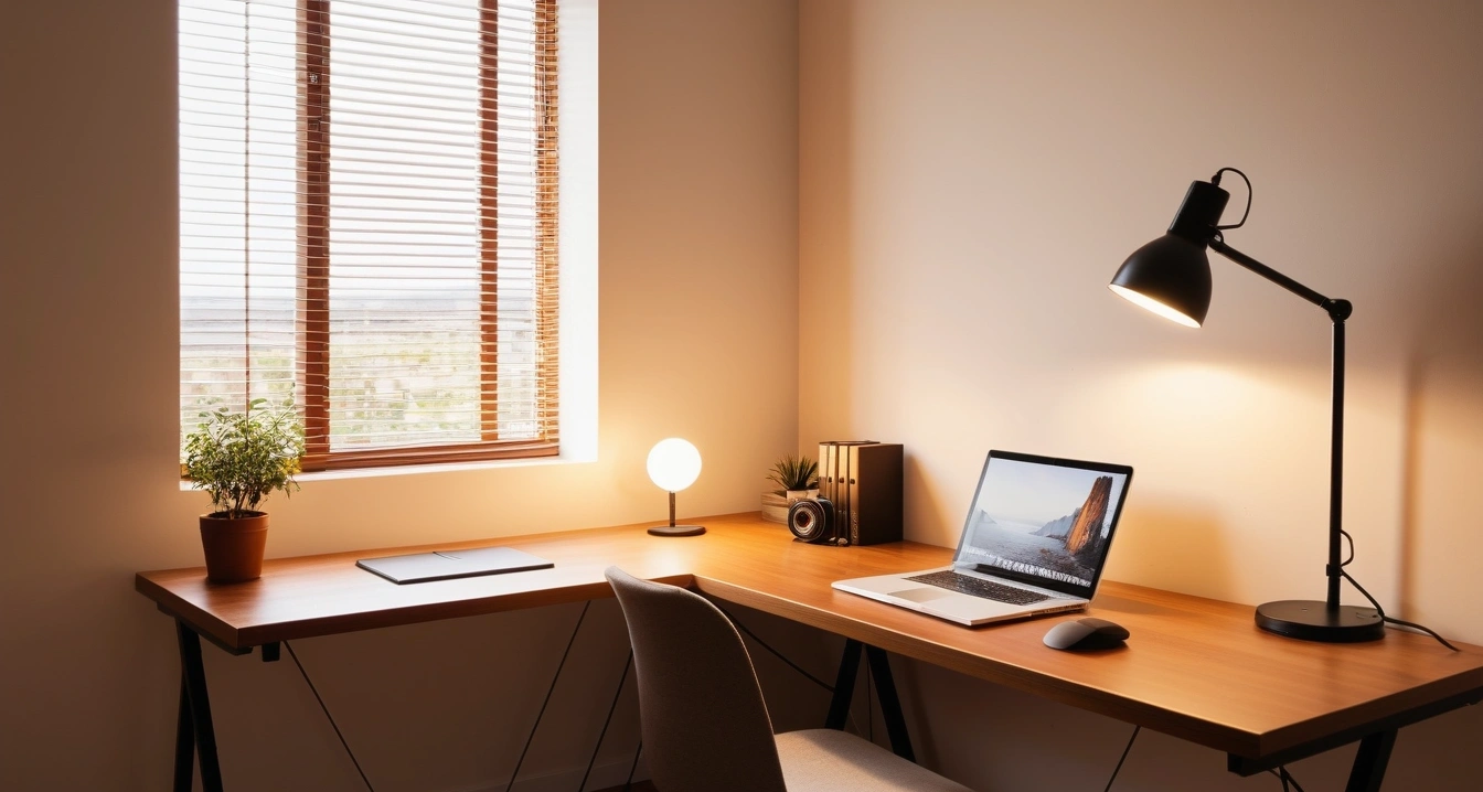수면 - 침실 온습도 조절 실패와 수면 중 신체 이완의 관계 (concept of sleep, a neatly organized modern study desk, warm desk lamp, no people)