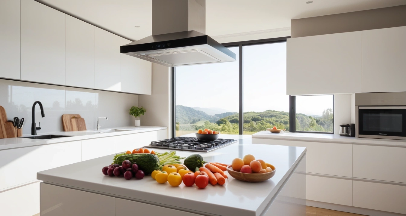 숙면 유도 영양제 - 불필요한 숙면 영양제 지출을 줄이는 구매 습관 (concept of Sleep-inducing nutritional supplement, a pristine modern kitchen island, fresh vegetables, aesthetic coffee maker, no people)