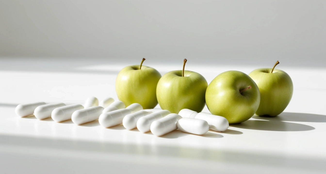 수면제 - 약물 의존 없는 숙면을 위한 생활 환경 재설계 (concept of sleeping pills, a neat arrangement of healthy daily vitamins and fresh green apples, wellness concept, no people)
