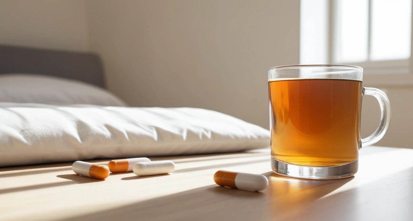 수면제 - 의약품 오남용이 유발하는 반동성 불면증의 함정 (concept of sleeping pills, close-up of a modern digital thermometer and a warm cup of herbal tea, health recovery, no people)
