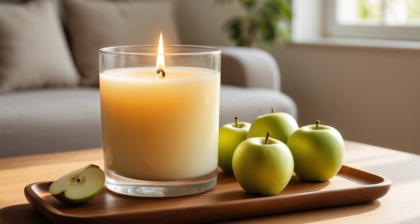피로회복제 - 현지식과 결합한 체력 보충용 건강기능식품 섭취법 (concept of Softly lit aroma candle and herbal tea restorative, a neat arrangement of healthy daily vitamins and fresh green apples, wellness concept, no people)