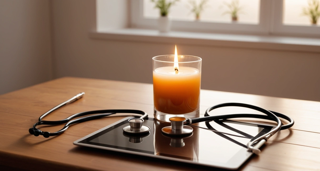피로회복제 - 렌터카 여행자를 위한 카페인 조절 및 휴식 주기 (concept of Softly lit aroma candle and herbal tea restorative, a professional medical stethoscope resting on a digital tablet displaying health data, no people)