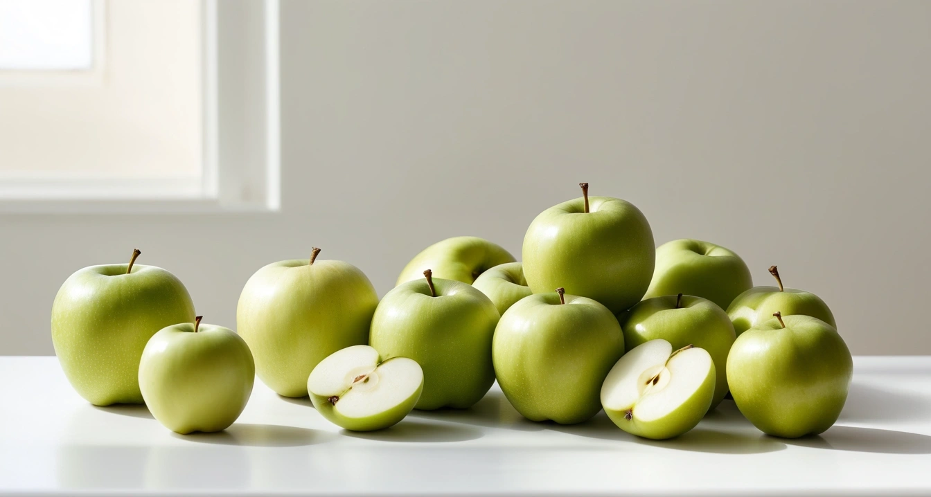 내장지방 - 스마트폰 건강 앱을 활용한 일상 루틴 최적화 (concept of Visceral fat, a neat arrangement of healthy daily vitamins and fresh green apples, wellness concept, no people)
