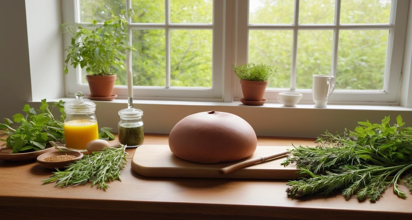 내장지방 - 가공식품 영양성분의 가성비 분석 (concept of Visceral fat, a pristine bright herbal medicine preparation table, fresh green healing herbs, no people)