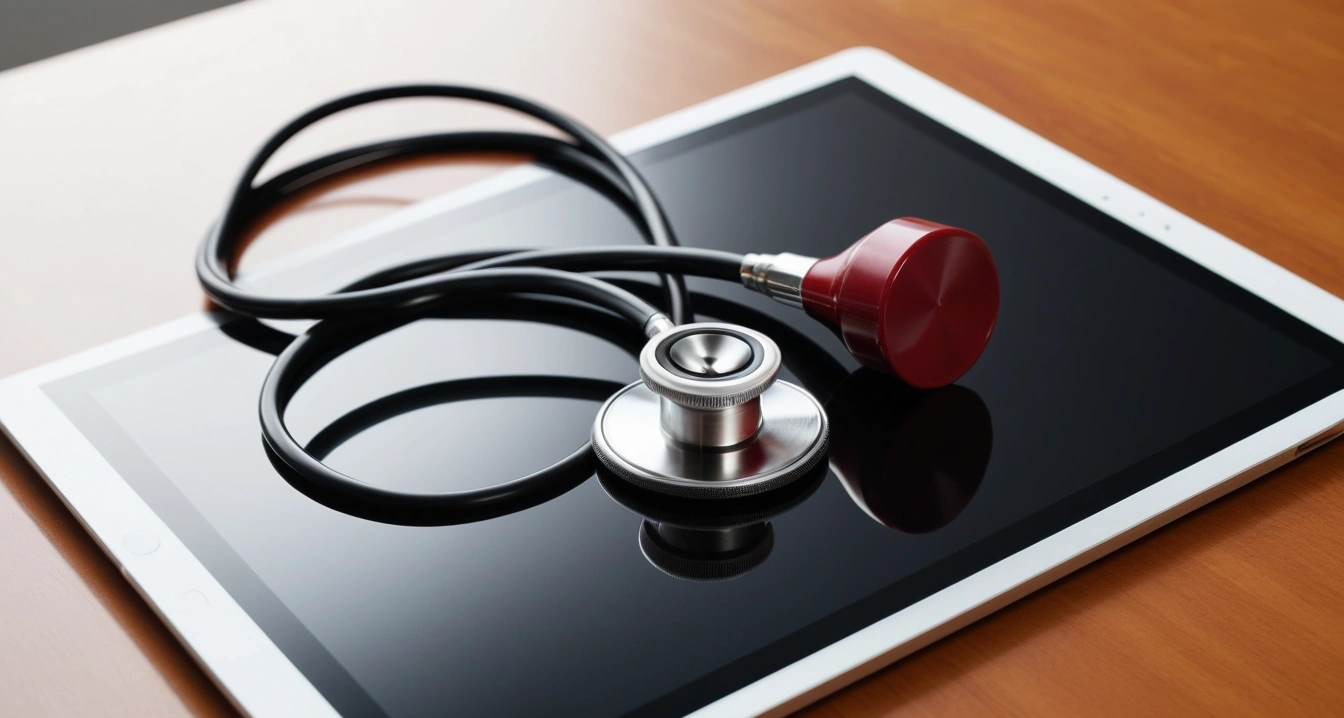 내장지방 - 체지방계 데이터 기반의 내장지방 모니터링 전략 (concept of Visceral fat, a professional medical stethoscope resting on a digital tablet displaying health data, no people)