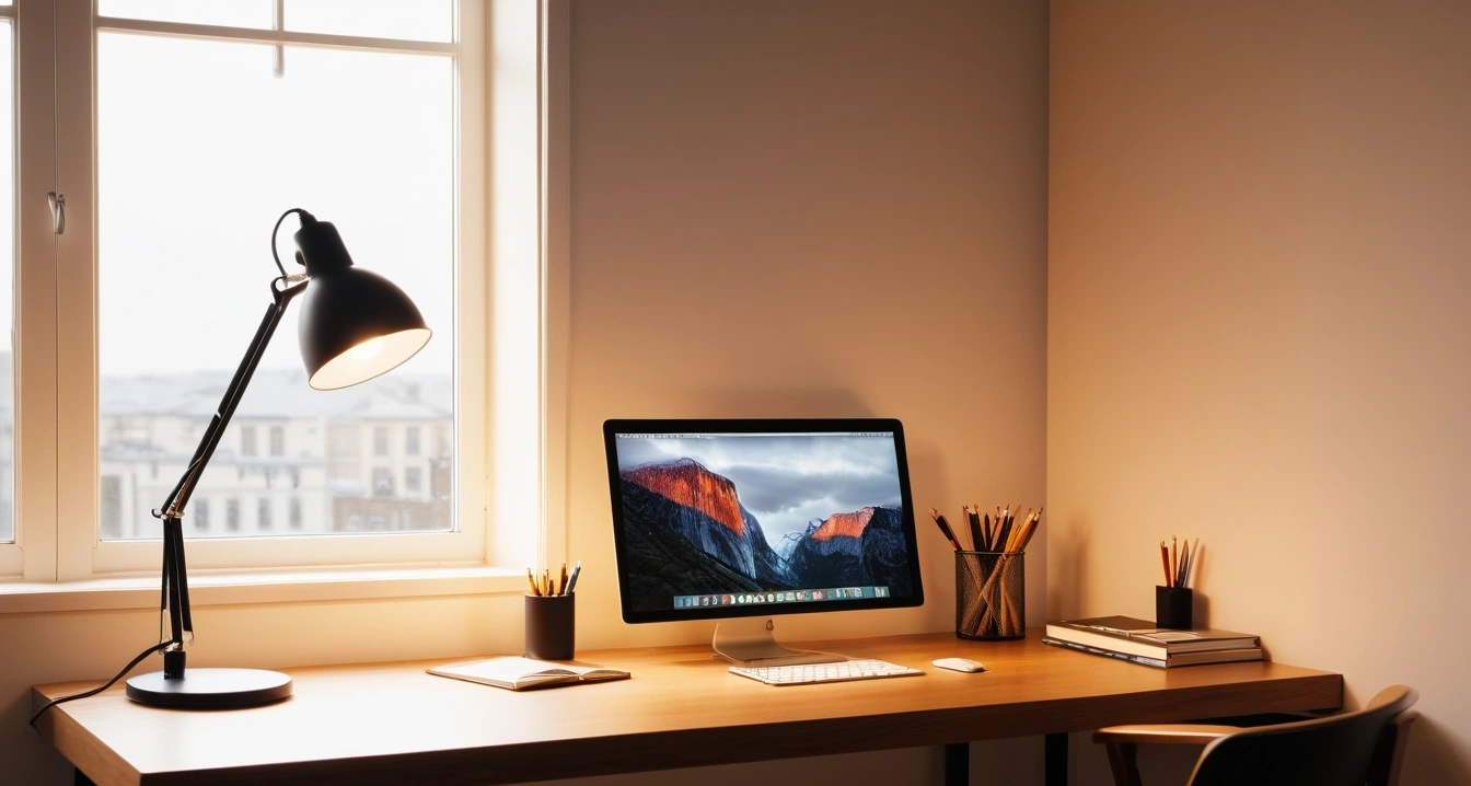 활력 - 전통시장 식재료 기반의 활력 식단 구성 (concept of vitality, a neatly organized modern study desk, warm desk lamp, no people)