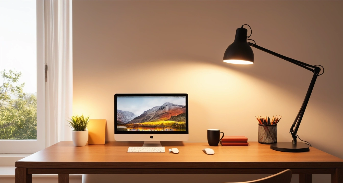 활력 - 자동차 이용 대신 도보 이동으로 찾는 생활 속 활력 (concept of vitality, a neatly organized modern study desk, warm desk lamp, no people)