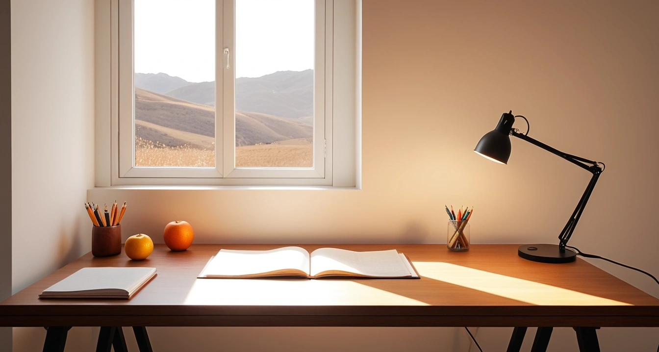 비타민 - 비타민C 메가도스와 수분 충전을 위한 썸머콜드컵 활용법 (concept of vitamin, a neatly organized modern study desk, warm desk lamp, no people)