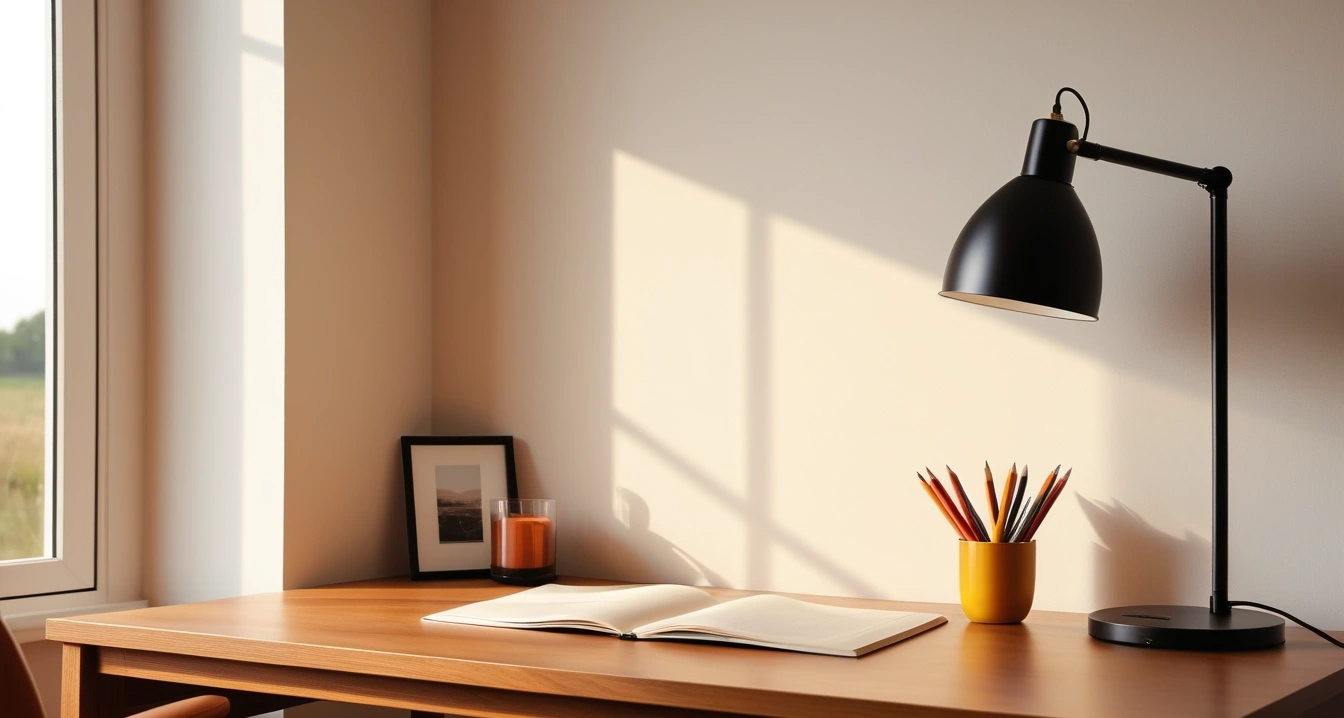 비타민 - 만성 무기력증 탈출을 위한 영양제 조합 매뉴얼 (concept of vitamin, a neatly organized modern study desk, warm desk lamp, no people)