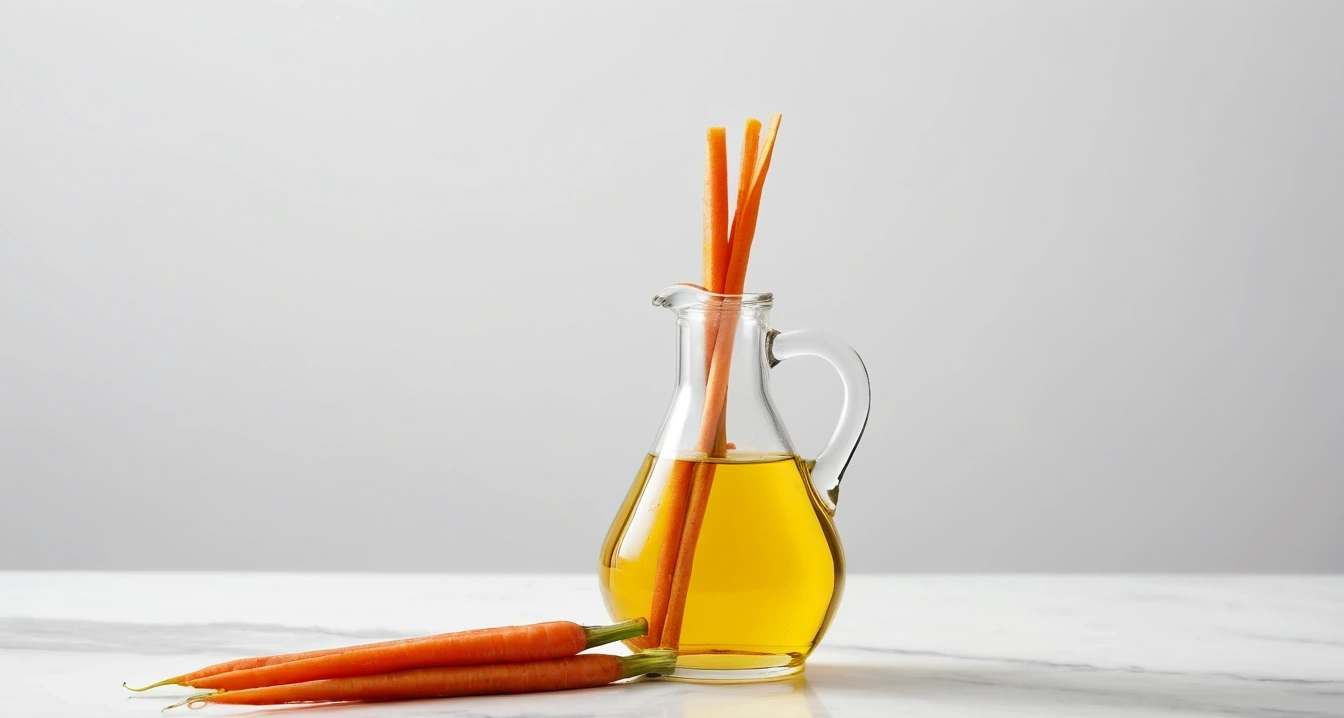 베타카로틴<br>- 최적의 오일 드레싱 배합 솔루션 (high-quality glass cruet filled with golden olive oil raw organic carrot sticks on rustic marble table [NEGATIVE]: product smartphone logo brand name writing plastic container cartoon low resolution 번:)